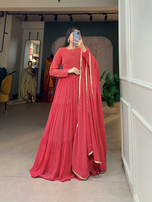 Red Coloured premium Georgette with Beautiful Print Women Designer Party/Casual wear Ready to wear Gown Kurta & Dupatta!!