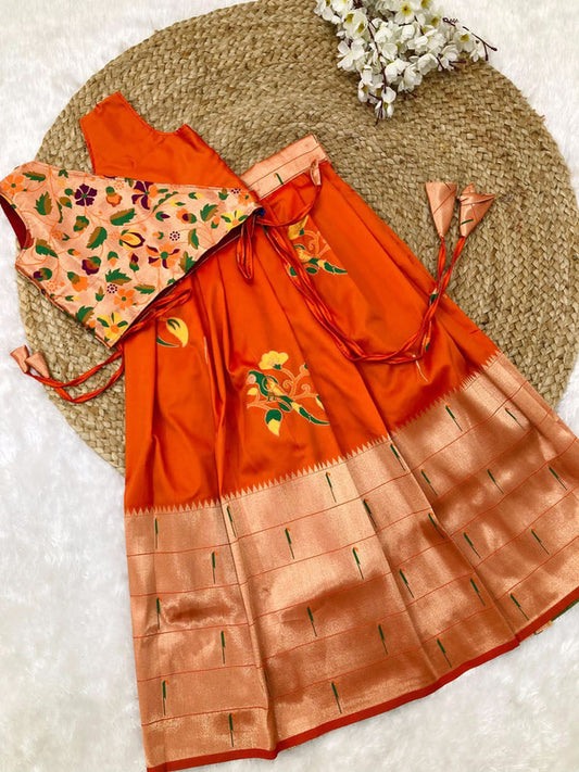 Orange & Multi Coloured Paithani Banarasi with Zari weaving work Girls Kids Designer Ethnic wear Lehenga with Blouse!!