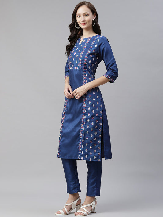 Blue Coloured Poly Silk with Foil Print Round neck 3/4 Sleeves Side Slits Women Designer Casual/Daily wear Straight Kurta with Pant!!