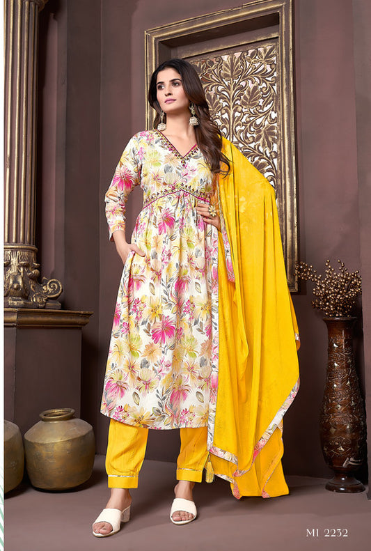 Mustard Yellow & Multi Coloured Rayon with Hand work V-Neck 3/4 Sleeves Side Slits Women Designer Party/Casual wear Kurta with Pant & Dupatta!!