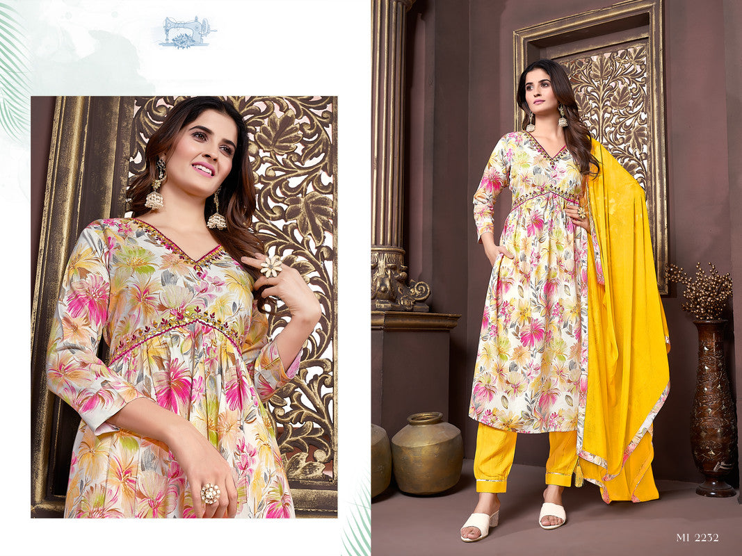 Mustard Yellow & Multi Coloured Rayon with Hand work V-Neck 3/4 Sleeves Side Slits Women Designer Party/Casual wear Kurta with Pant & Dupatta!!