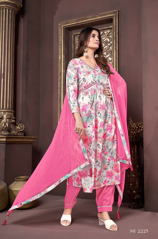 Pink & Multi Coloured Rayon with Hand work V-Neck 3/4 Sleeves Side Slits Women Designer Party/Casual wear Kurta with Pant & Dupatta!!