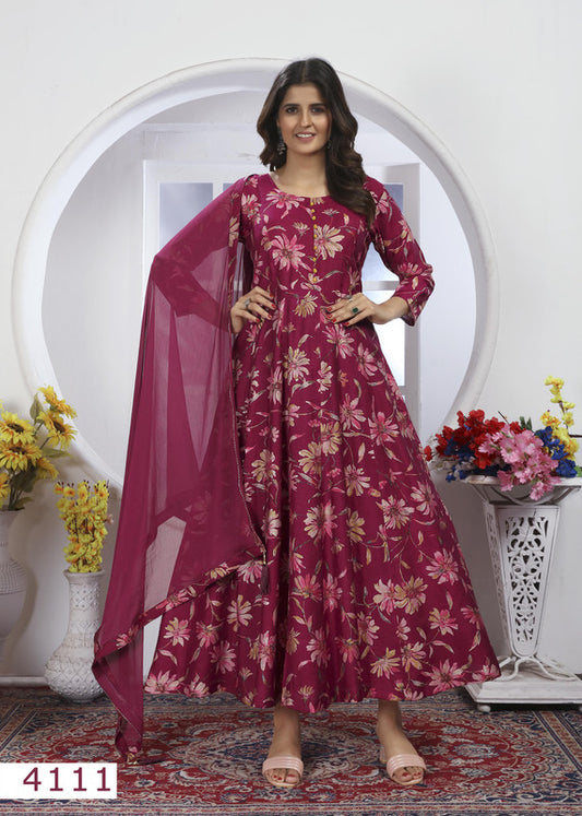 Maroon Coloured Premium Chanderi Cotton with Floral Print Round Neck 3/4 Sleeves Women Designer Party/Casual wear Long Gown Kurta with Dupatta!!