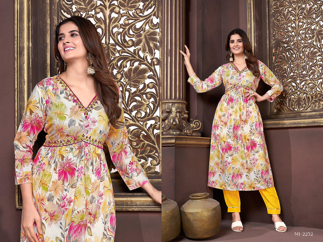 Mustard Yellow & Multi Coloured Rayon with Hand work V-Neck 3/4 Sleeves Side Slits Women Designer Party/Casual wear Kurta with Pant & Dupatta!!