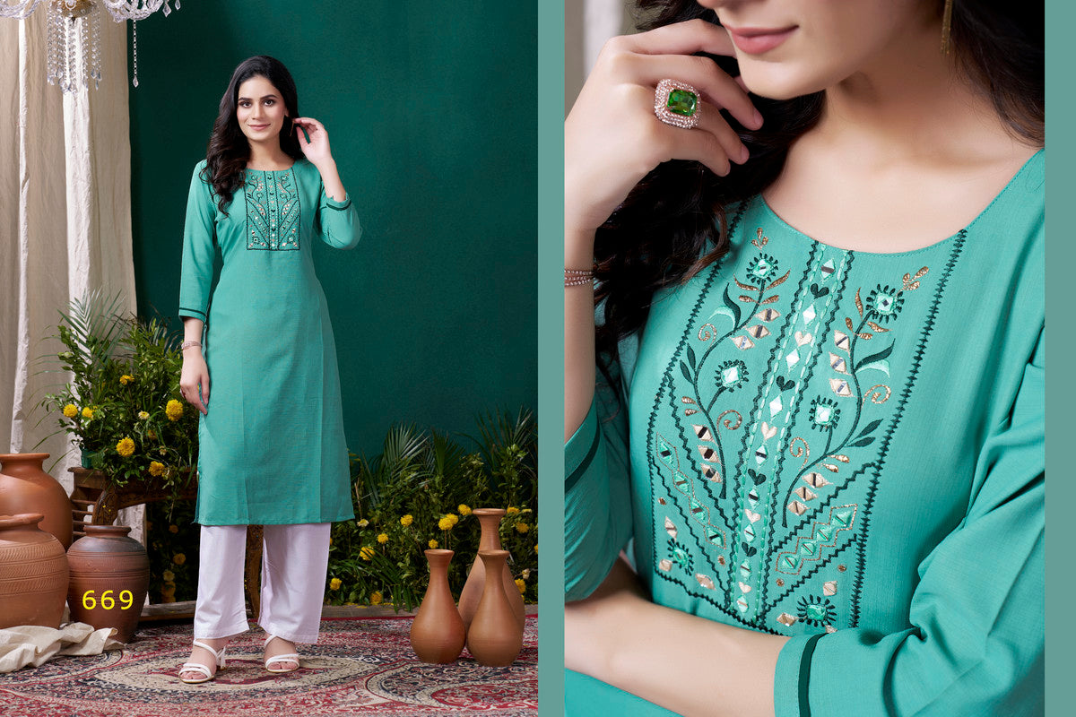 Rama Blue Coloured Maaza Cotton with Handwork Round Neck Three-quarter sleeves Women Designer Casual/Office wear Kurti with Pant!!