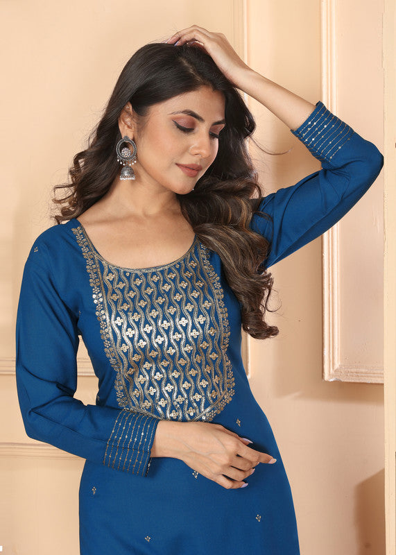 Rama Blue Coloured Rayon with Sequence & Embroidery Work Round Neck Full sleeves Women Designer Party/ Casual wear Kurti with Pant & Najmin Dupatta!!