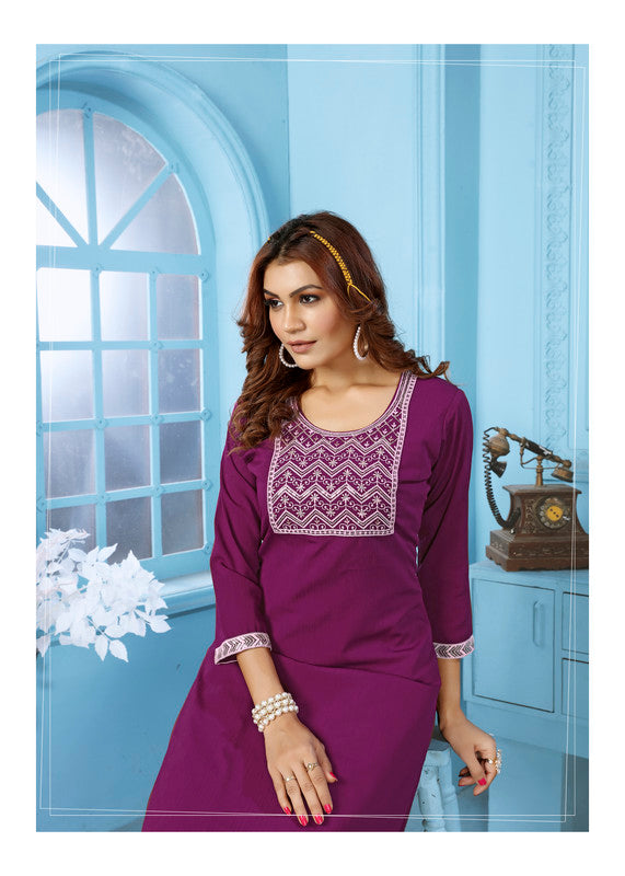 Wine Coloured Rinkal Cotton with Embroidery Work Round Neck 3/4 sleeves Women Designer Party/ Casual wear Kurti with Pant!!