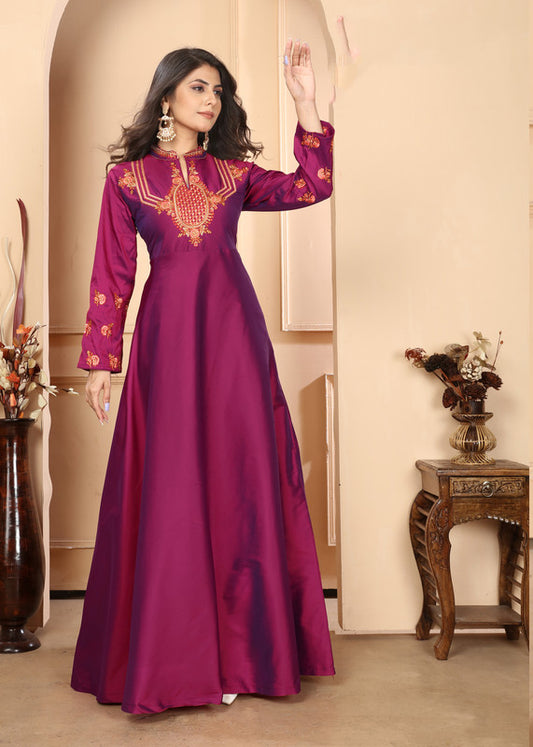 Purple Coloured Triva Silk with Heavy Embroidery Work Mandarin Neck Full Sleeves Women Designer Party/Casual wear Long Kurta!!