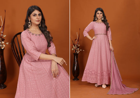 Pink Coloured with Premium Fox Georgette Heavy Embroidery Work Round Neck 3/4 Sleeves Women Designer Party/Casual wear Long Gown Kurta with Dupatta!!