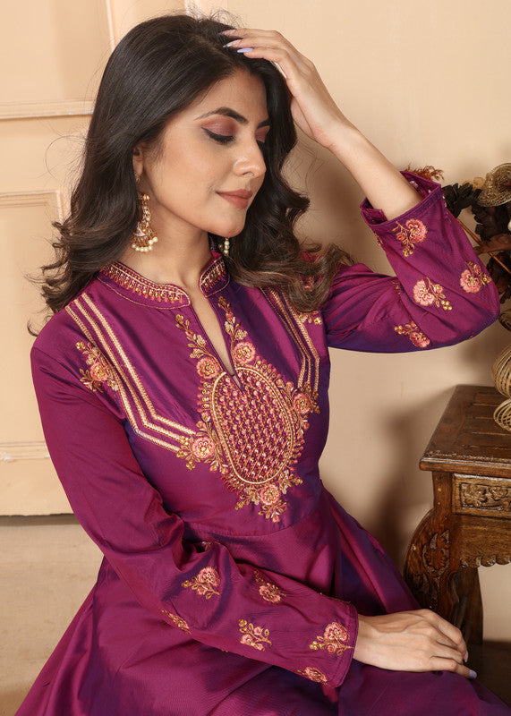 Purple Coloured Triva Silk with Heavy Embroidery Work Mandarin Neck Full Sleeves Women Designer Party/Casual wear Long Kurta!!