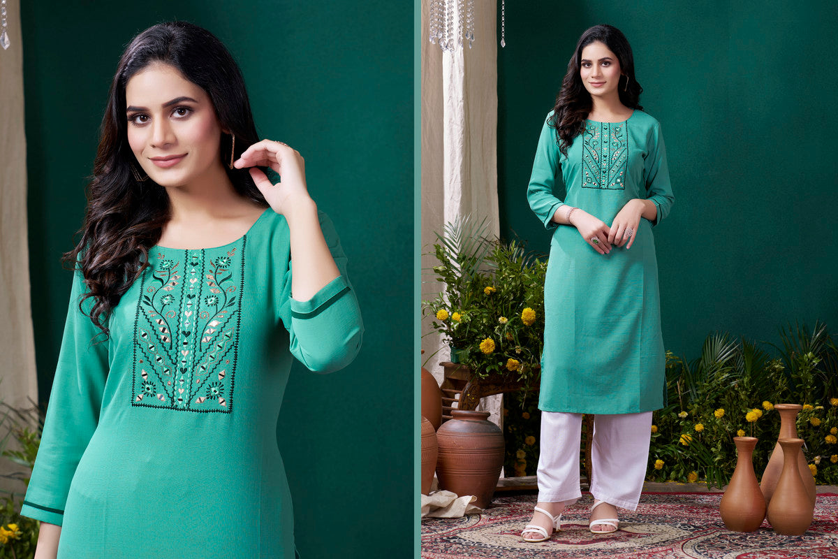 Rama Blue Coloured Maaza Cotton with Handwork Round Neck Three-quarter sleeves Women Designer Casual/Office wear Kurti with Pant!!