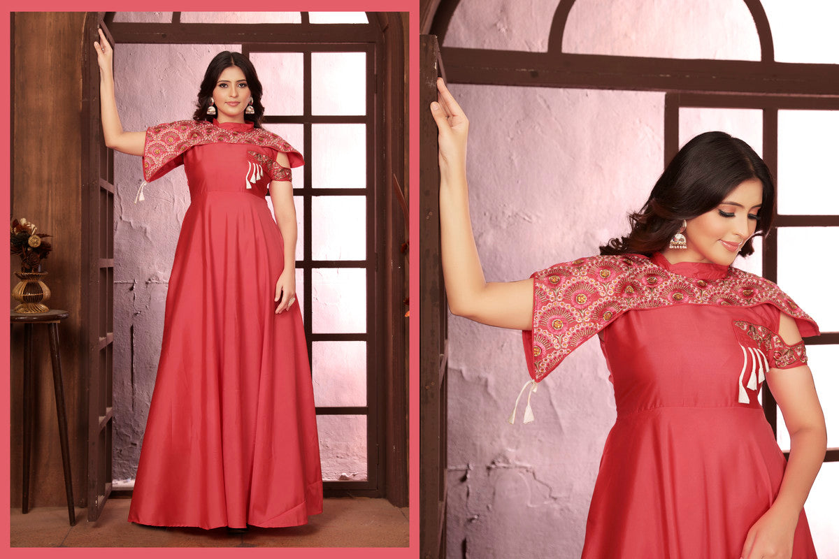 Dark Pink Coloured Triva Silk with Heavy Embroidery Work Mandarin Neck Full Sleeves Women Designer Party/Casual wear Long Kurta!!