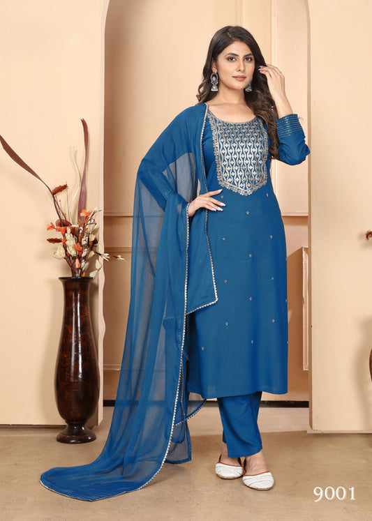 Rama Blue Coloured Rayon with Sequence & Embroidery Work Round Neck Full sleeves Women Designer Party/ Casual wear Kurti with Pant & Najmin Dupatta!!