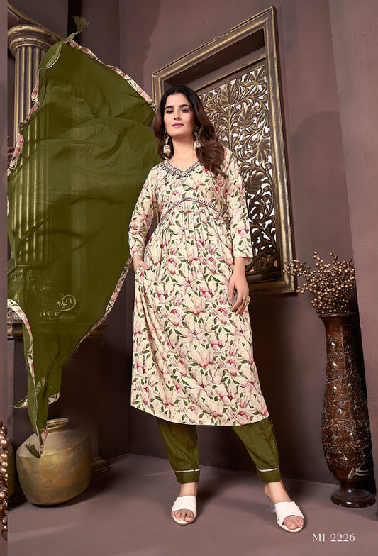 Mehendi Green & Multi Coloured Rayon with Hand work V-Neck 3/4 Sleeves Side Slits Women Designer Party/Casual wear Kurta with Pant & Dupatta!!