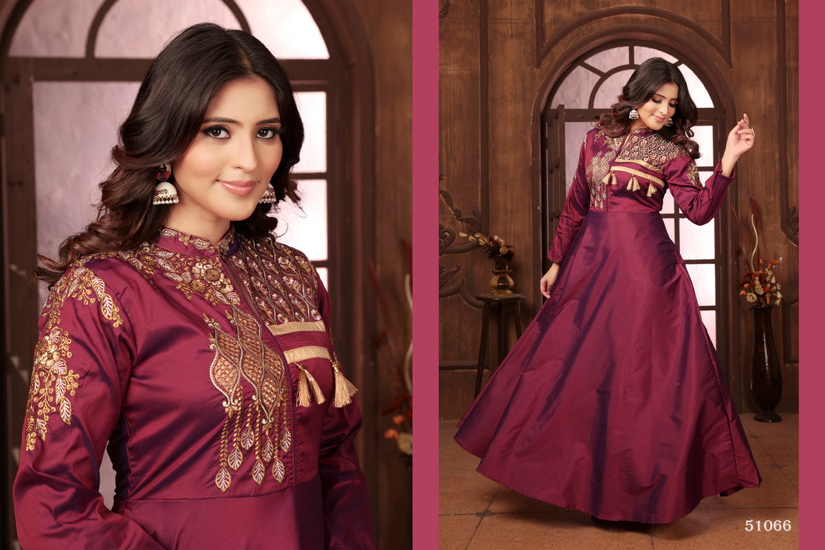 Wine Coloured Triva Silk with Heavy Embroidery Work Mandarin Neck Full Sleeves Women Designer Party/Casual wear Long Kurta!!