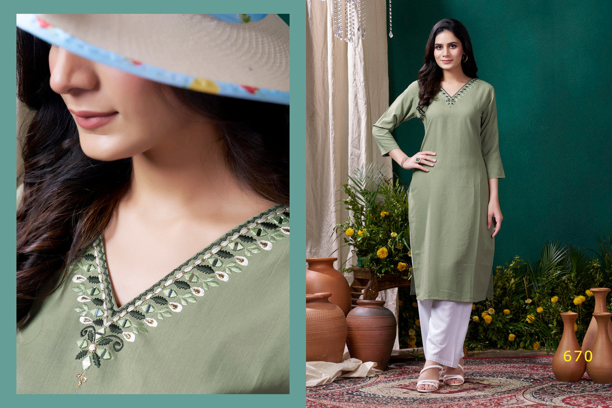 Pista Green Coloured Maaza Cotton with Handwork V-Neck Three-quarter sleeves Women Designer Casual/Office wear Kurti with Pant!!