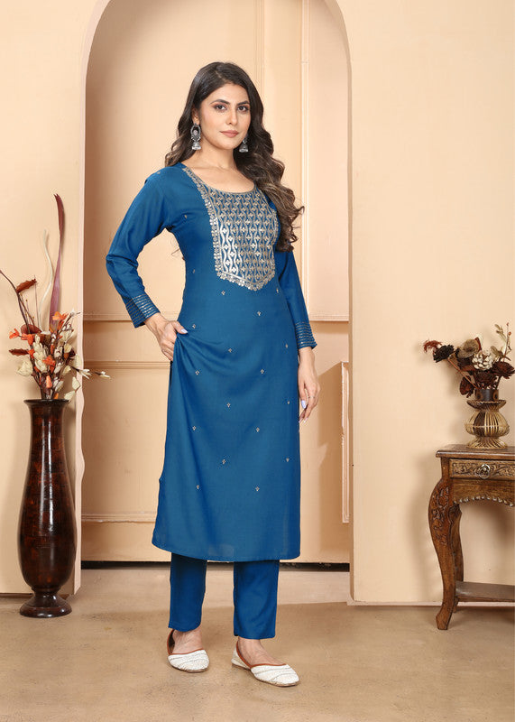 Rama Blue Coloured Rayon with Sequence & Embroidery Work Round Neck Full sleeves Women Designer Party/ Casual wear Kurti with Pant & Najmin Dupatta!!