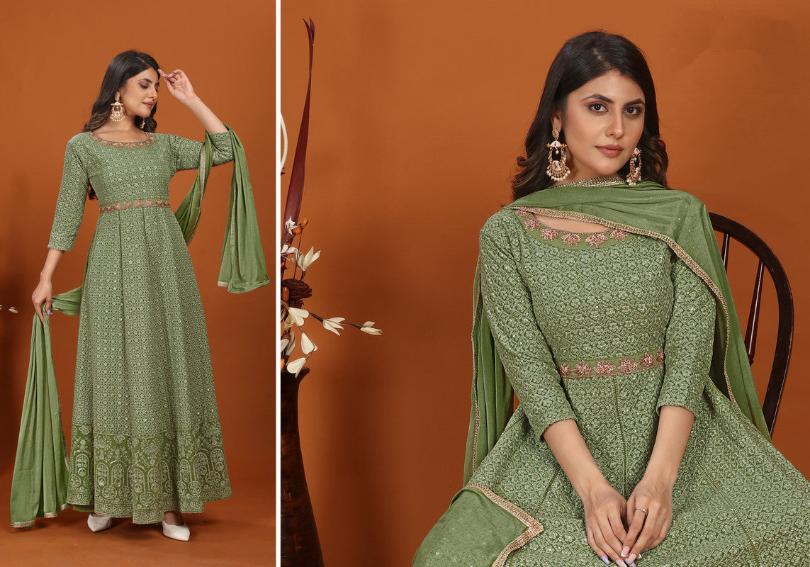 Pista Green Coloured with Premium Fox Georgette Heavy Embroidery Work Round Neck 3/4 Sleeves Women Designer Party/Casual wear Long Gown Kurta with Dupatta!!