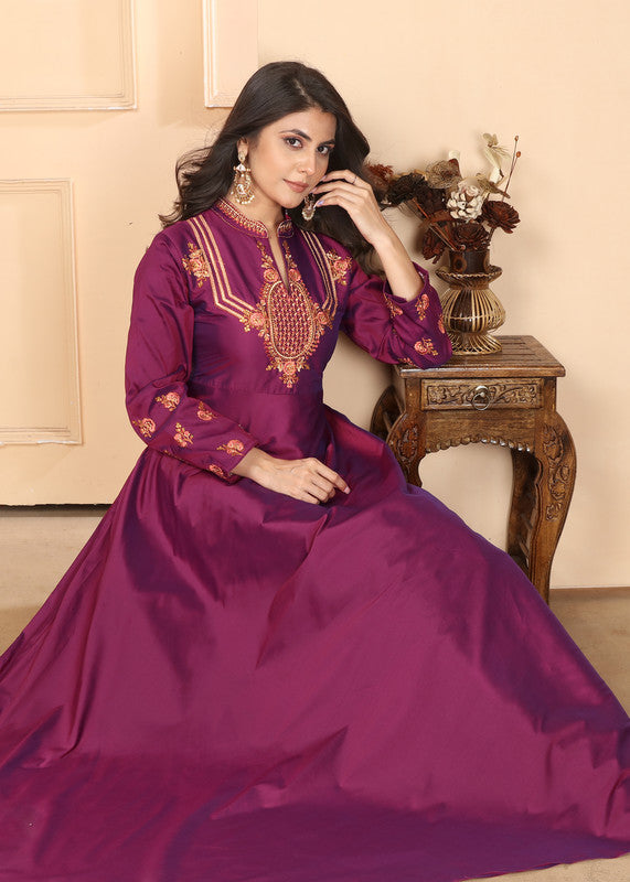 Purple Coloured Triva Silk with Heavy Embroidery Work Mandarin Neck Full Sleeves Women Designer Party/Casual wear Long Kurta!!