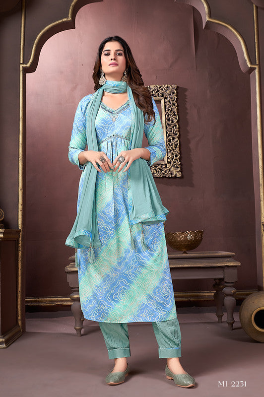 Sky Blue with Light Green & Multi Coloured Rayon with Hand work V-Neck 3/4 Sleeves Side Slits Women Designer Party/Casual wear Kurta with Pant & Dupatta!!