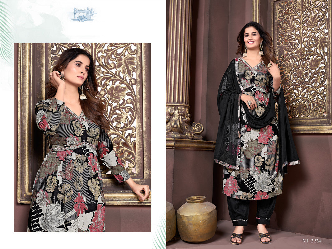 Grey with Black & Multi Coloured Rayon with Hand work V-Neck 3/4 Sleeves Side Slits Women Designer Party/Casual wear Kurta with Pant & Dupatta!!