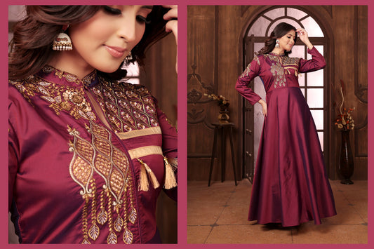 Wine Coloured Triva Silk with Heavy Embroidery Work Mandarin Neck Full Sleeves Women Designer Party/Casual wear Long Kurta!!