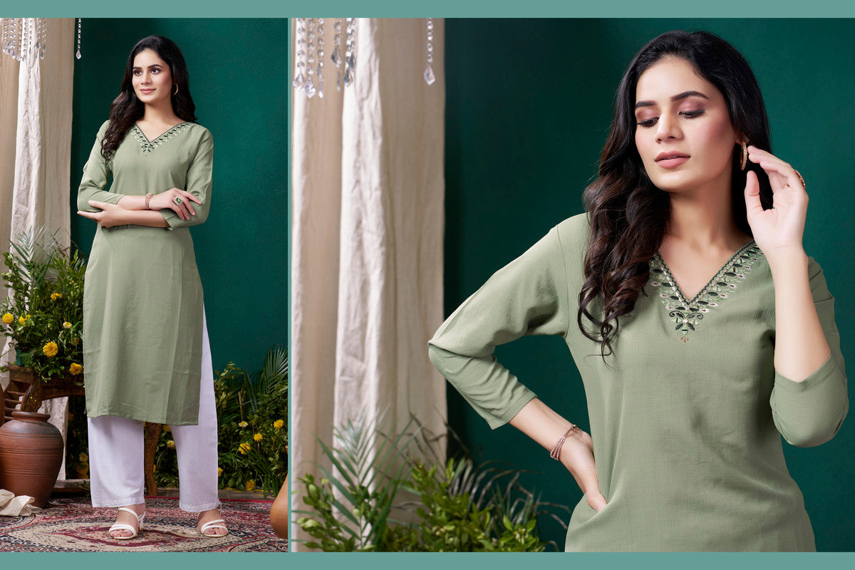 Pista Green Coloured Maaza Cotton with Handwork V-Neck Three-quarter sleeves Women Designer Casual/Office wear Kurti with Pant!!