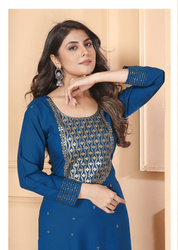 Rama Blue Coloured Rayon with Sequence & Embroidery Work Round Neck Full sleeves Women Designer Party/ Casual wear Kurti with Pant & Najmin Dupatta!!