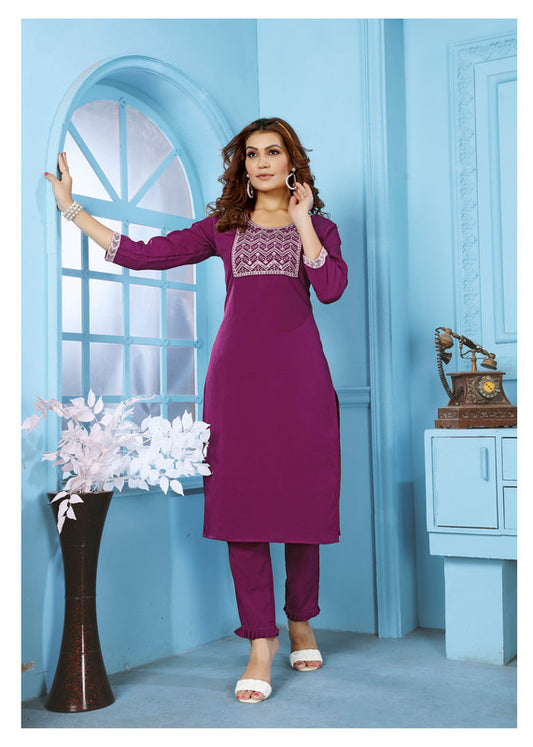 Wine Coloured Rinkal Cotton with Embroidery Work Round Neck 3/4 sleeves Women Designer Party/ Casual wear Kurti with Pant!!