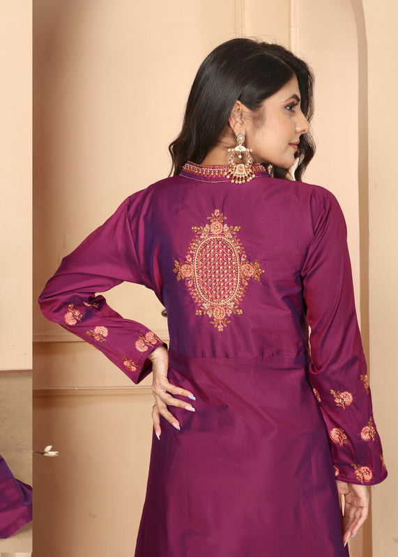 Purple Coloured Triva Silk with Heavy Embroidery Work Mandarin Neck Full Sleeves Women Designer Party/Casual wear Long Kurta!!