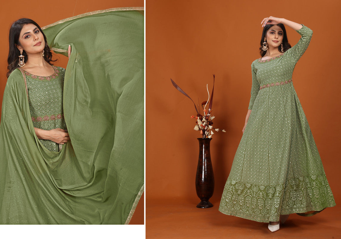 Pista Green Coloured with Premium Fox Georgette Heavy Embroidery Work Round Neck 3/4 Sleeves Women Designer Party/Casual wear Long Gown Kurta with Dupatta!!