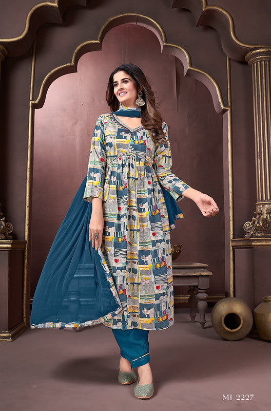 Rama Blue & Multi Coloured Rayon with Hand work V-Neck 3/4 Sleeves Side Slits Women Designer Party/Casual wear Kurta with Pant & Dupatta!!