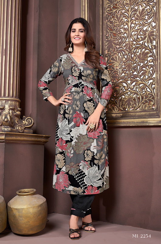 Grey with Black & Multi Coloured Rayon with Hand work V-Neck 3/4 Sleeves Side Slits Women Designer Party/Casual wear Kurta with Pant & Dupatta!!