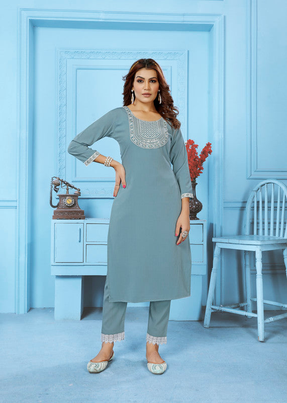 Grey Coloured Rinkal Cotton with Embroidery Work Round Neck 3/4 sleeves Women Designer Party/ Casual wear Kurti with Pant!!