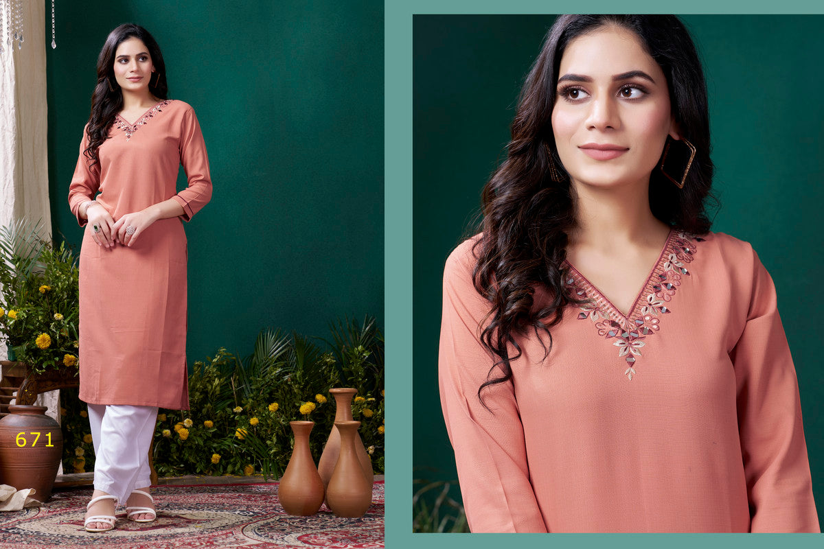 Peach Coloured Maaza Cotton with Handwork V-Neck Three-quarter sleeves Women Designer Casual/Office wear Kurti with Pant!!