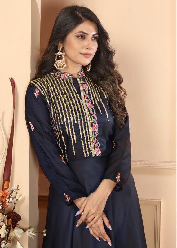 Navy Blue Coloured Triva Silk with Heavy Embroidery Work Mandarin Neck Full Sleeves Women Designer Party/Casual wear Long Kurta!!