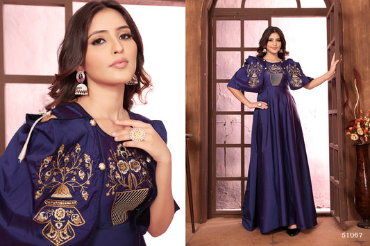 Blue Coloured Triva Silk with Heavy Embroidery Work Mandarin Neck Full Sleeves Women Designer Party/Casual wear Long Kurta!!