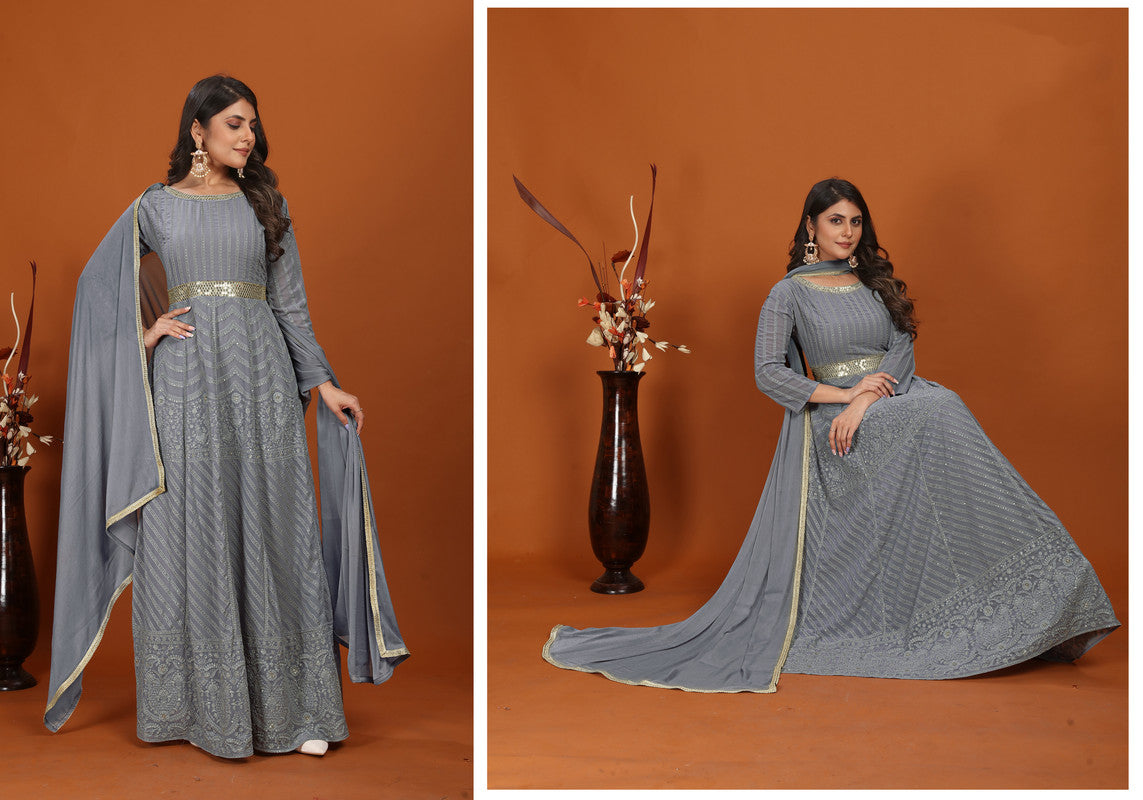 Grey Coloured with Premium Fox Georgette Heavy Embroidery Work Round Neck 3/4 Sleeves Women Designer Party/Casual wear Long Gown Kurta with Dupatta!!