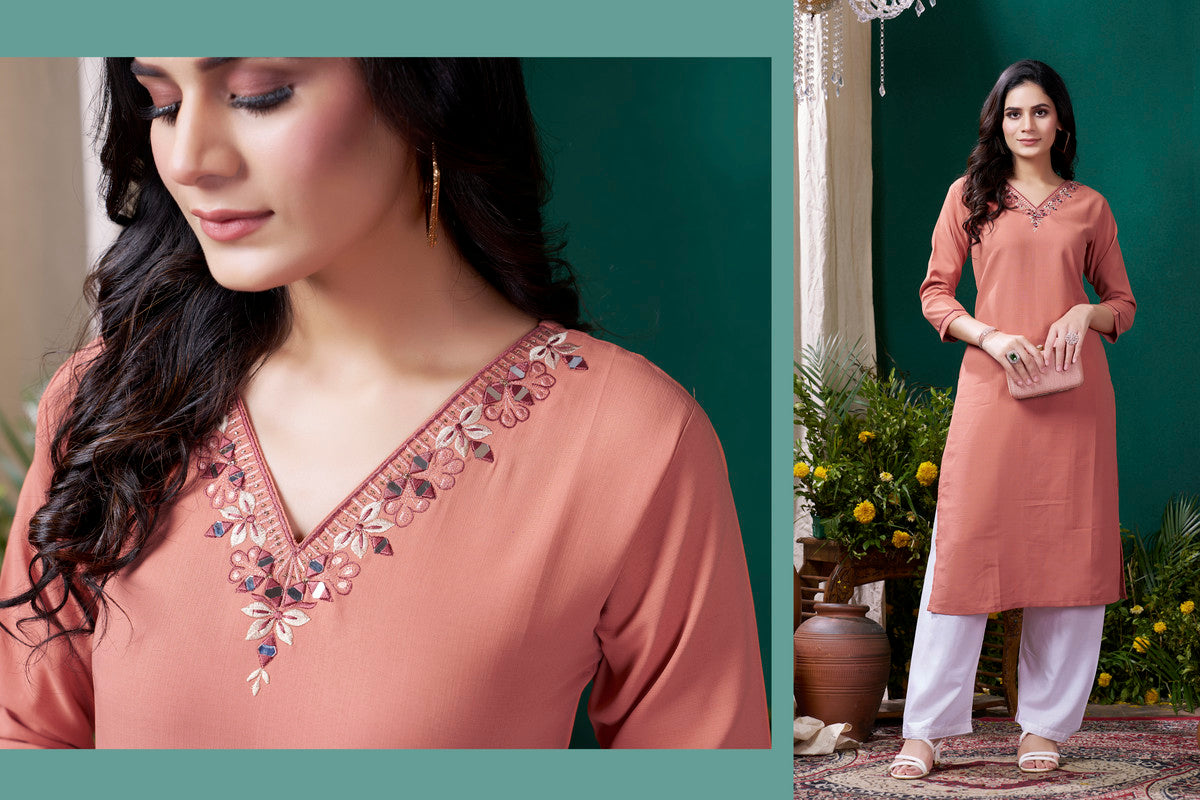 Peach Coloured Maaza Cotton with Handwork V-Neck Three-quarter sleeves Women Designer Casual/Office wear Kurti with Pant!!