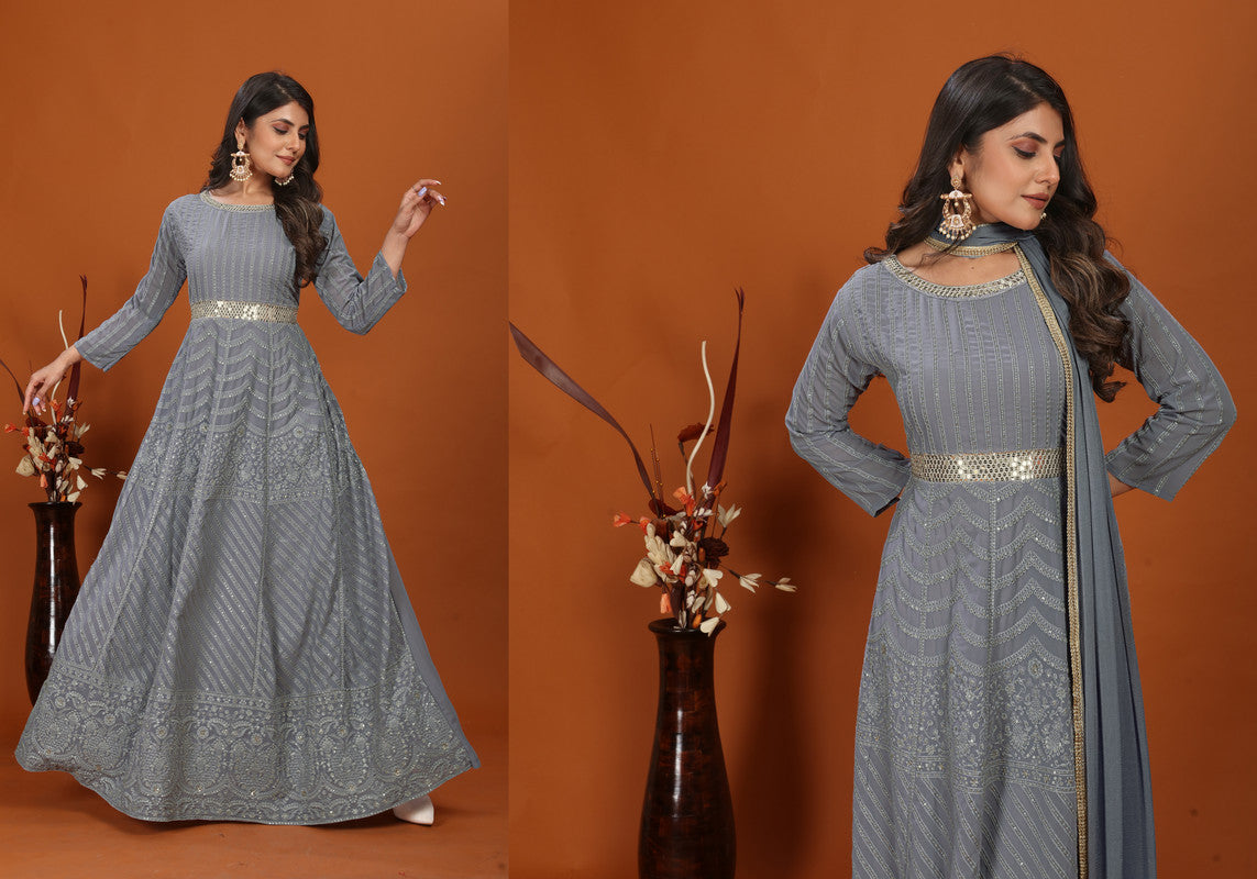 Grey Coloured with Premium Fox Georgette Heavy Embroidery Work Round Neck 3/4 Sleeves Women Designer Party/Casual wear Long Gown Kurta with Dupatta!!