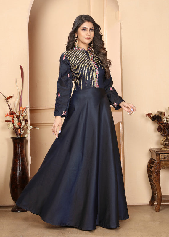 Navy Blue Coloured Triva Silk with Heavy Embroidery Work Mandarin Neck Full Sleeves Women Designer Party/Casual wear Long Kurta!!