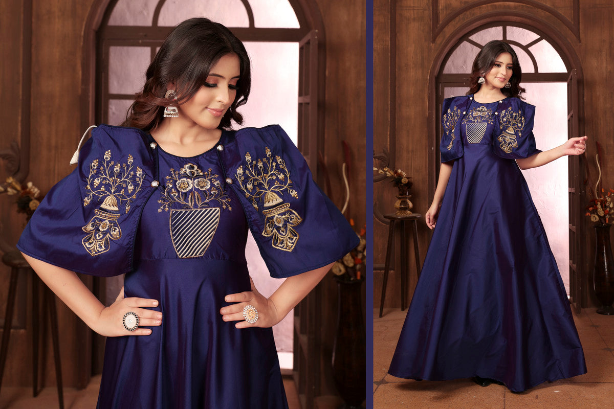 Blue Coloured Triva Silk with Heavy Embroidery Work Mandarin Neck Full Sleeves Women Designer Party/Casual wear Long Kurta!!