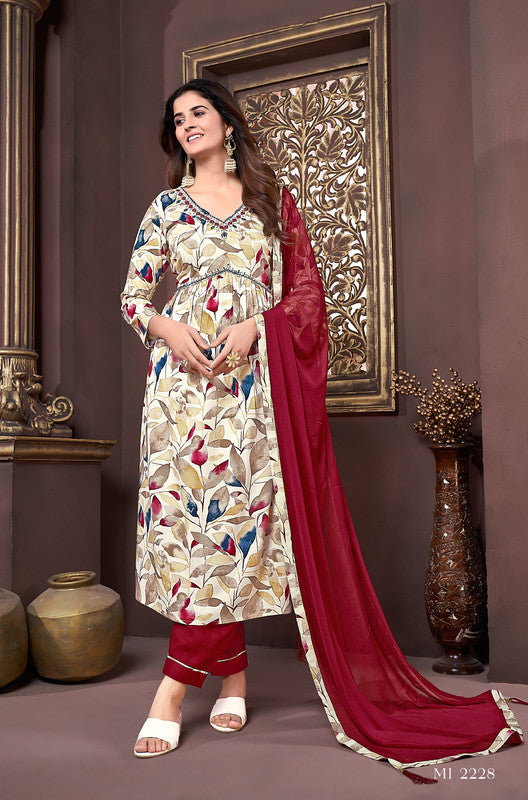 Maroon & Multi Coloured Rayon with Hand work V-Neck 3/4 Sleeves Side Slits Women Designer Party/Casual wear Kurta with Pant & Dupatta!!