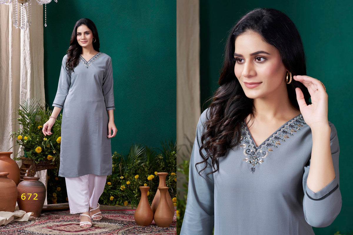 Grey Coloured Maaza Cotton with Handwork V-Neck Three-quarter sleeves Women Designer Casual/Office wear Kurti with Pant!!