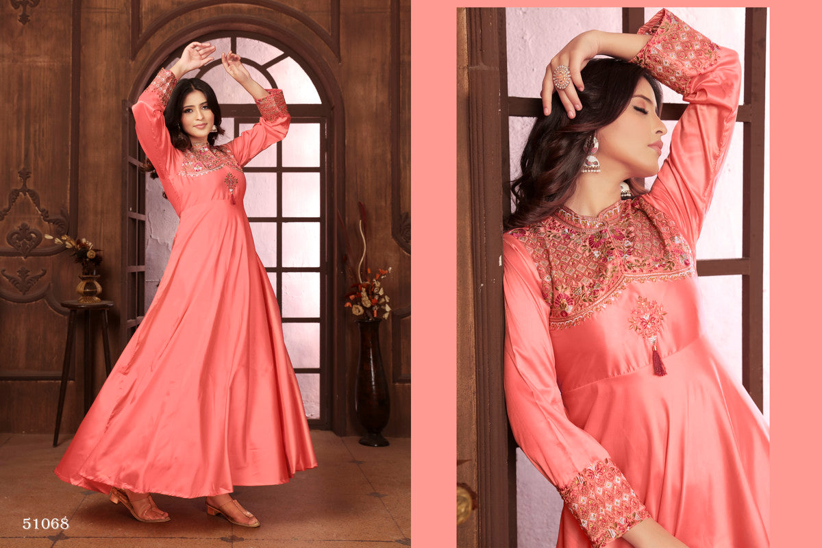 Peach Coloured Triva Silk with Heavy Embroidery Work Mandarin Neck Full Sleeves Women Designer Party/Casual wear Long Kurta!!