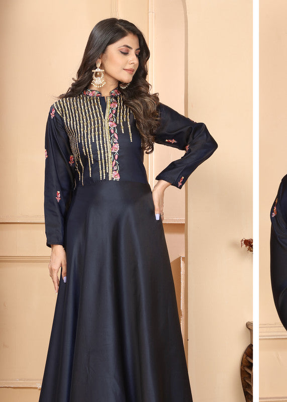 Navy Blue Coloured Triva Silk with Heavy Embroidery Work Mandarin Neck Full Sleeves Women Designer Party/Casual wear Long Kurta!!