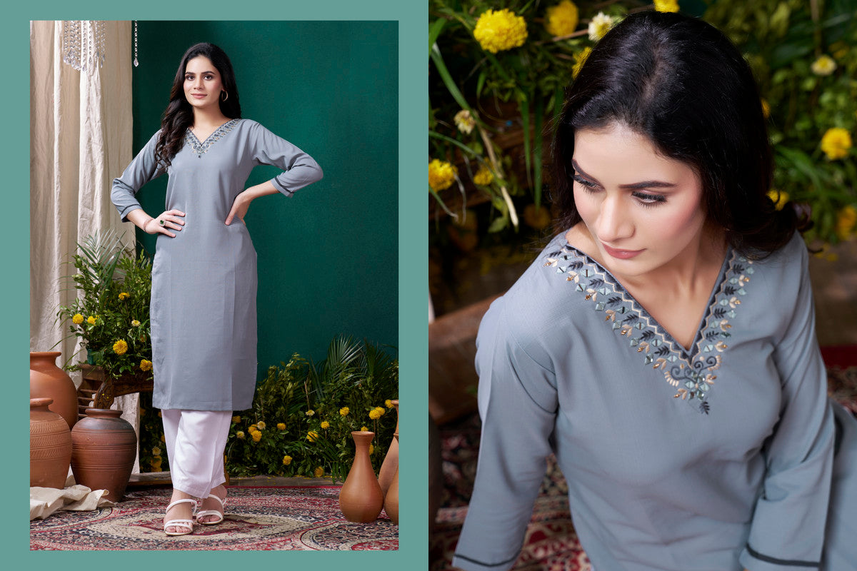 Grey Coloured Maaza Cotton with Handwork V-Neck Three-quarter sleeves Women Designer Casual/Office wear Kurti with Pant!!