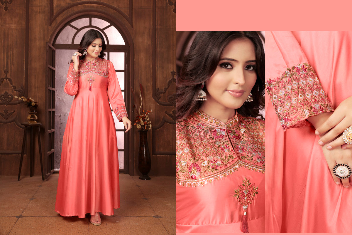 Peach Coloured Triva Silk with Heavy Embroidery Work Mandarin Neck Full Sleeves Women Designer Party/Casual wear Long Kurta!!