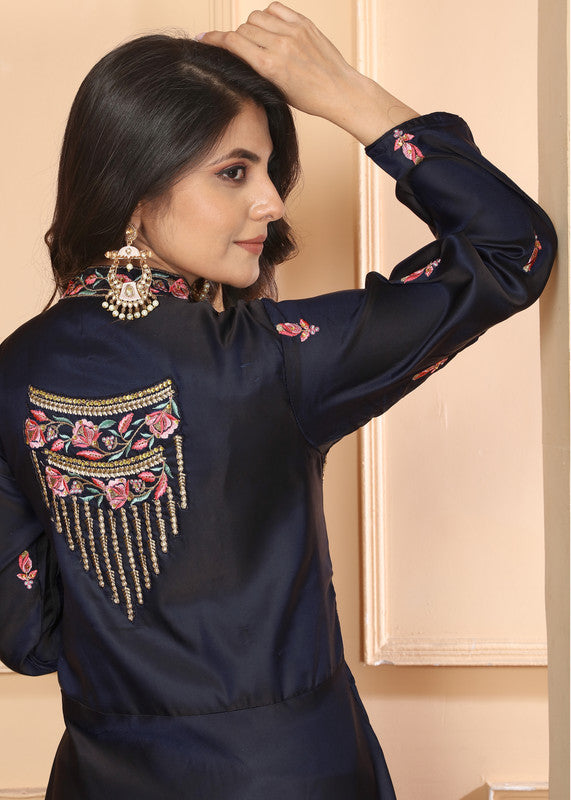 Navy Blue Coloured Triva Silk with Heavy Embroidery Work Mandarin Neck Full Sleeves Women Designer Party/Casual wear Long Kurta!!