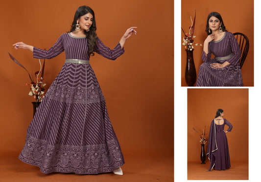 Wine Coloured with Premium Fox Georgette Heavy Embroidery Work Round Neck 3/4 Sleeves Women Designer Party/Casual wear Long Gown Kurta with Dupatta!!